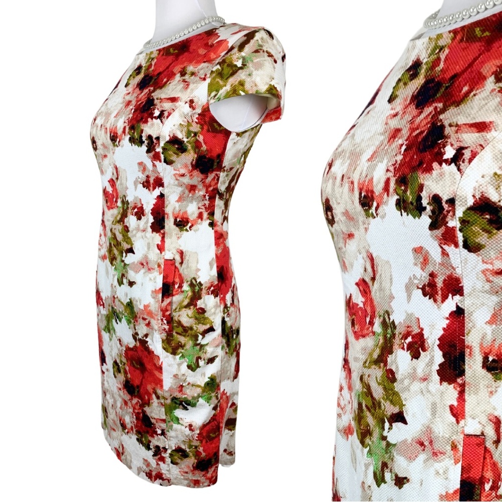 Liz Claiborne White Red Floral Boudreau Neckline Cap Sleeves Sheath Midi Dress 4 - Picture 2 of 15